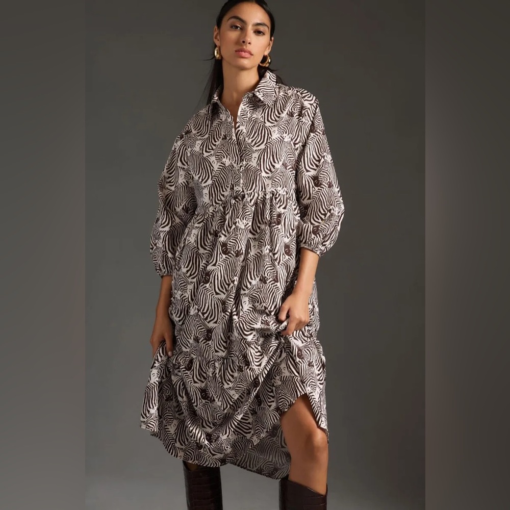 Maeve The Bettina Tiered Shirt Dress, Size SMALL, Zebra Print